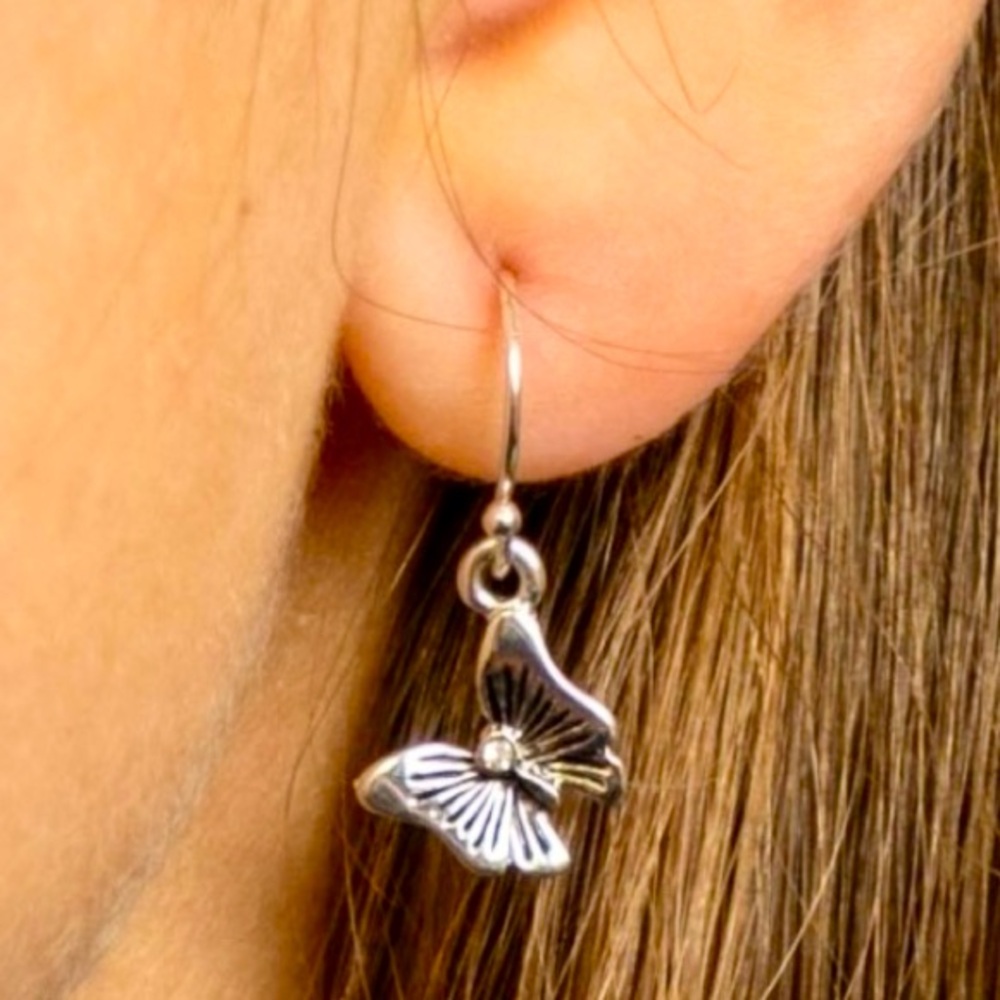 EAR SENSE SENSITIVE EARS Silver Drop Butterfly Earrings w Rhinestone Center NWT